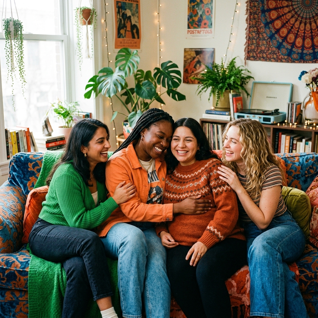 Women supporting a pregnant friend in a vibrant home